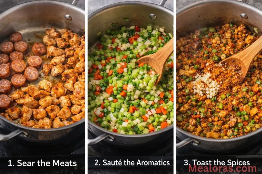 showing browning sausage, searing chicken, and sautéing aromatic vegetables