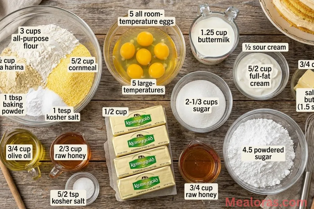 bowls of flour, masa harina, cornmeal, buttermilk, honey, and eggs