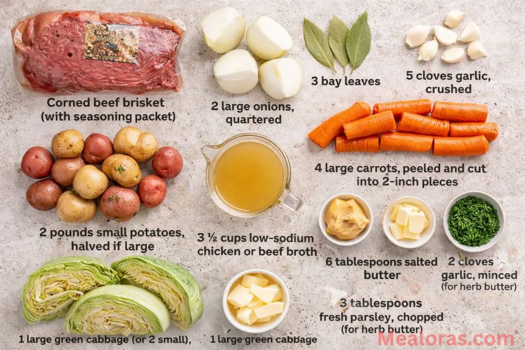 Raw corned beef brisket, cabbage wedges, potatoes, carrots, onions, and garlic herb butter ingredients
