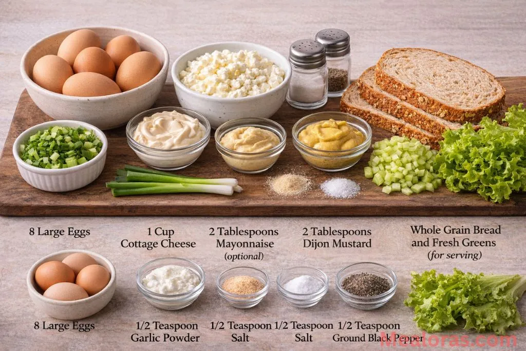 Group of eggs, cottage cheese, Dijon mustard, green onions, and celery on a kitchen counter.