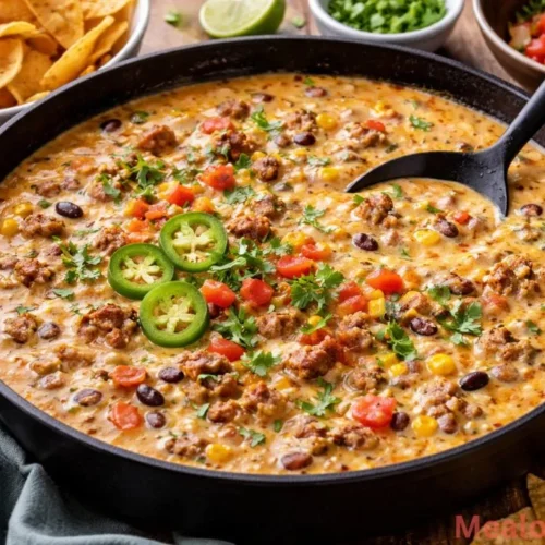 A large skillet filled with creamy cowboy queso topped with fresh cilantro