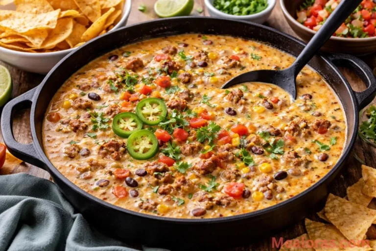 A large skillet filled with creamy cowboy queso topped with fresh cilantro
