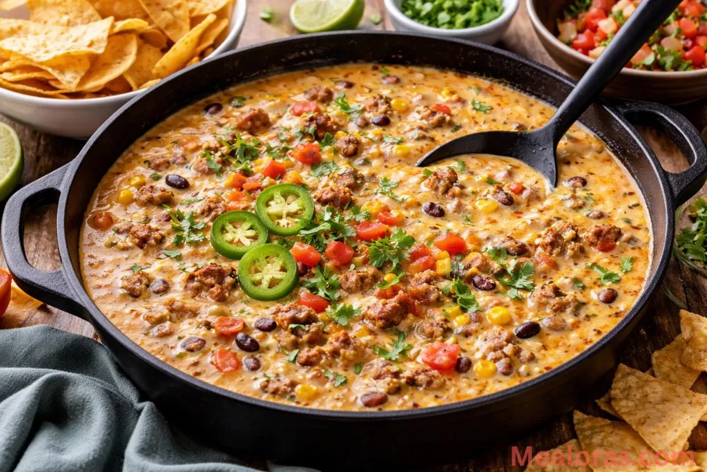 A large skillet filled with creamy cowboy queso topped with fresh cilantro