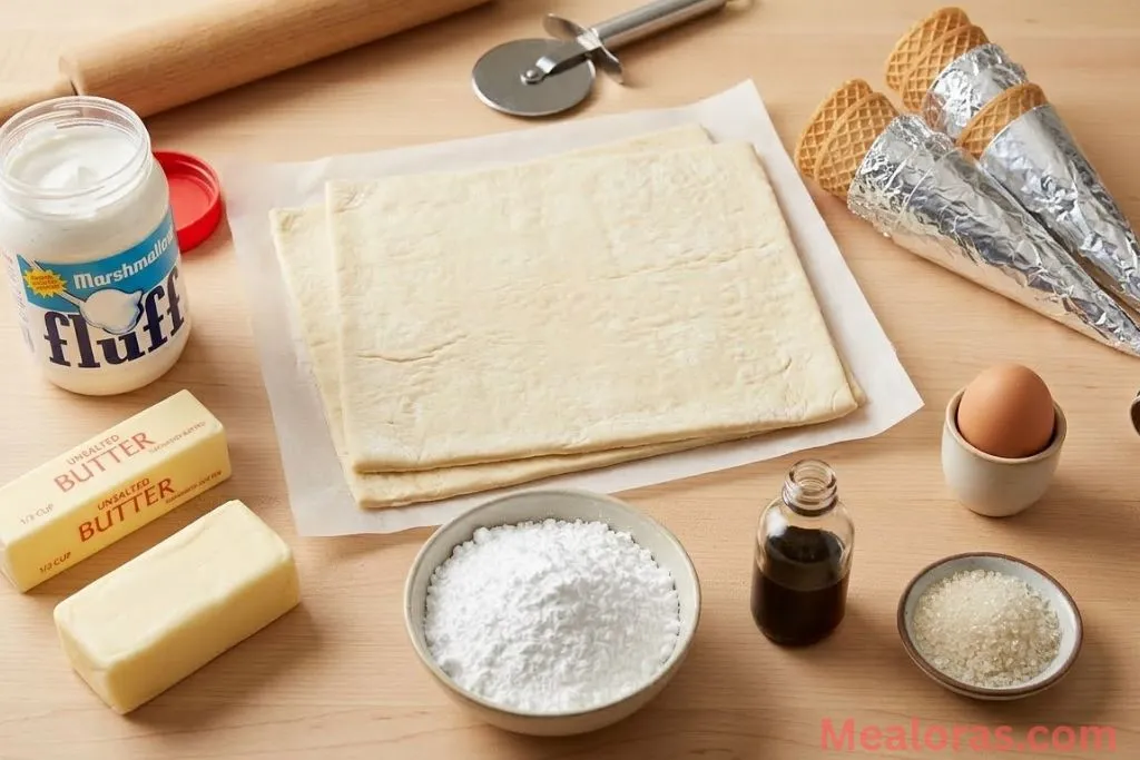 Puff pastry sheets, marshmallow fluff, butter, and decorator sugar on a counter