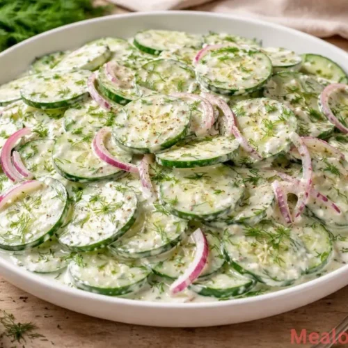 Large white bowl filled with creamy cucumber salad garnished