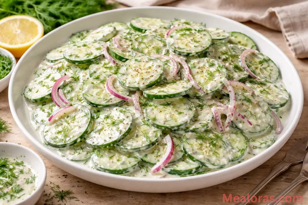Large white bowl filled with creamy cucumber salad garnished