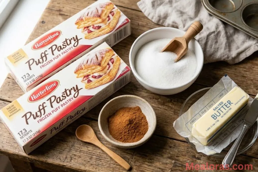 Puff pastry sheets, butter, cinnamon, and granulated sugar on a counter