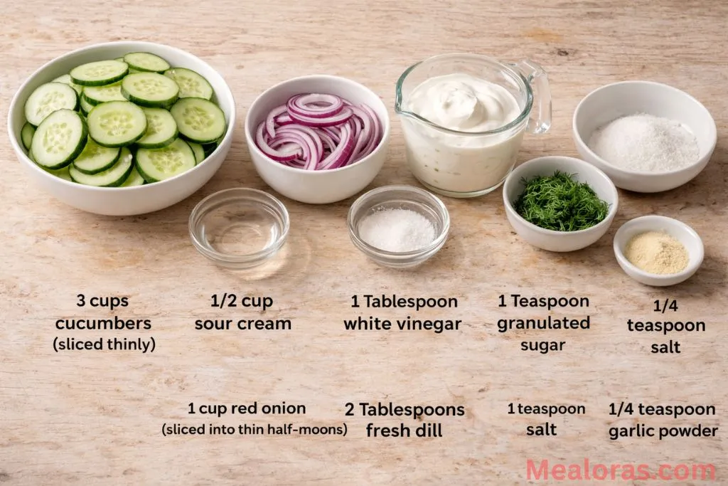 Sliced cucumbers, red onions, sour cream, vinegar, and herbs on a wooden board