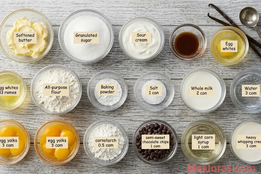 Measured ingredients for vanilla cupcakes, pastry cream, and chocolate ganache on a counter
