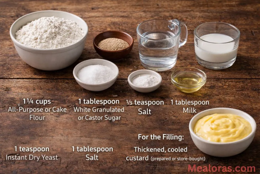 Measured bowls of flour, yeast, sugar, milk, and a bowl of thick yellow custard