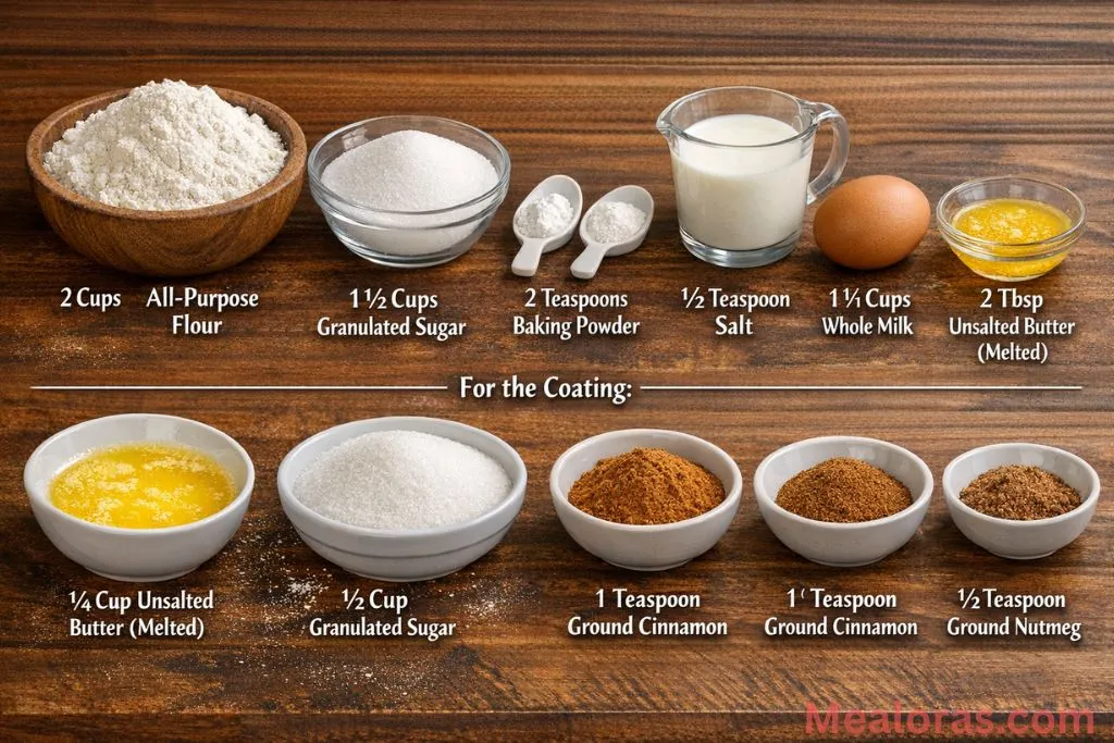 Measurement bowls of flour, sugar, milk, and spices for donut bread.