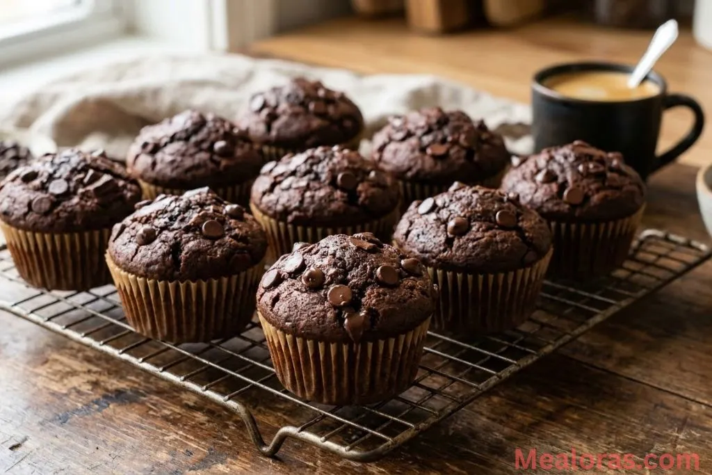 tall double chocolate espresso muffins with melty chips