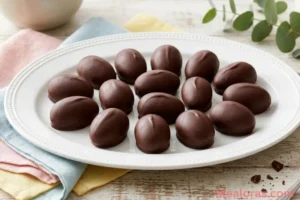 view of chocolate-covered peanut butter eggs on a white platter