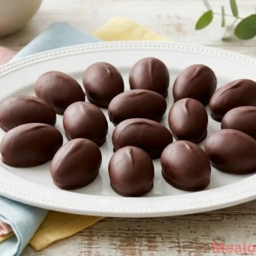 view of chocolate-covered peanut butter eggs on a white platter
