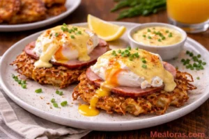 Latke Eggs Benedict with hollandaise sauce and fresh dill garnish
