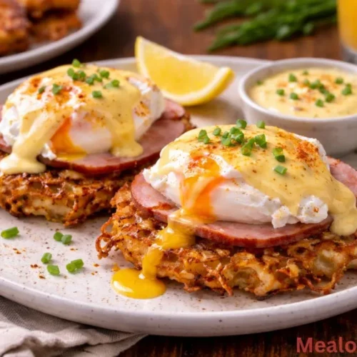Latke Eggs Benedict with hollandaise sauce and fresh dill garnish