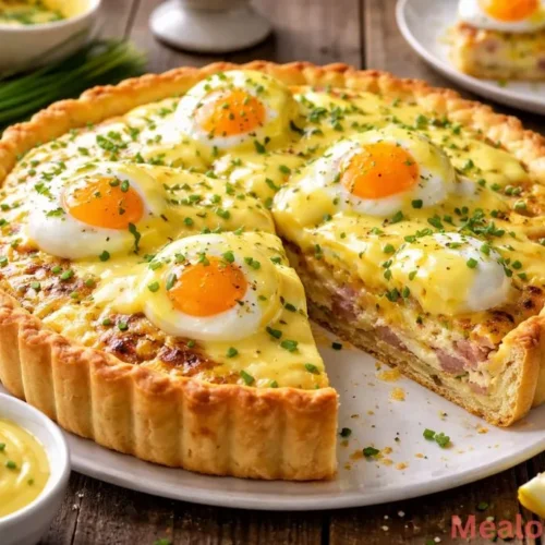 Sliced Eggs Benedict Quiche with hollandaise sauce