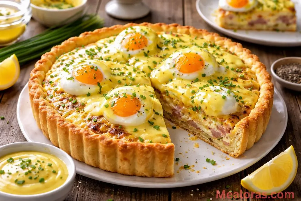 Sliced Eggs Benedict Quiche with hollandaise sauce