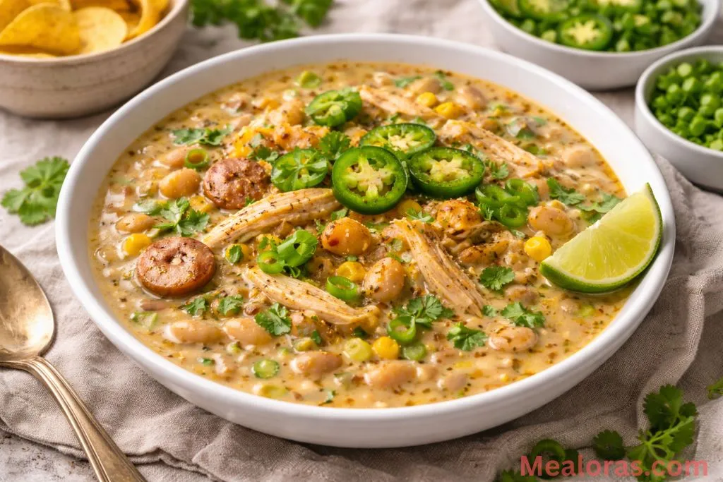 spoonful of thick chicken chili with a side of golden cornbread