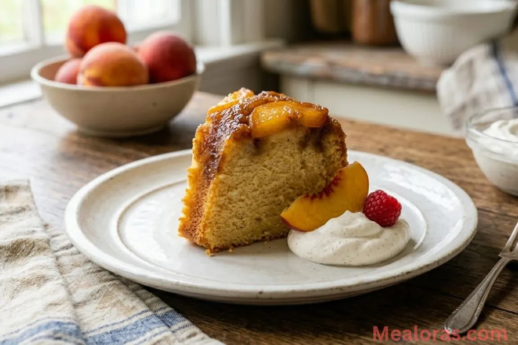A single slice of Peach Cobbler Pound Cake showing the moist crumb