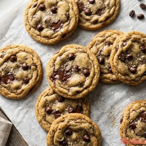Top-down view of espresso chocolate chip cookies with melted chocolate