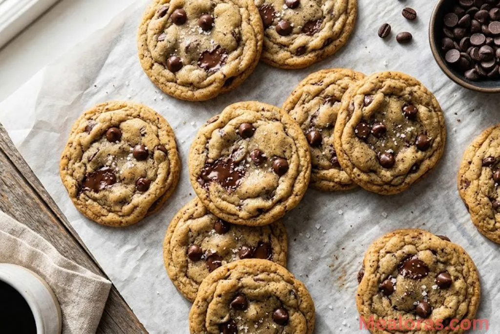 Top-down view of espresso chocolate chip cookies with melted chocolate