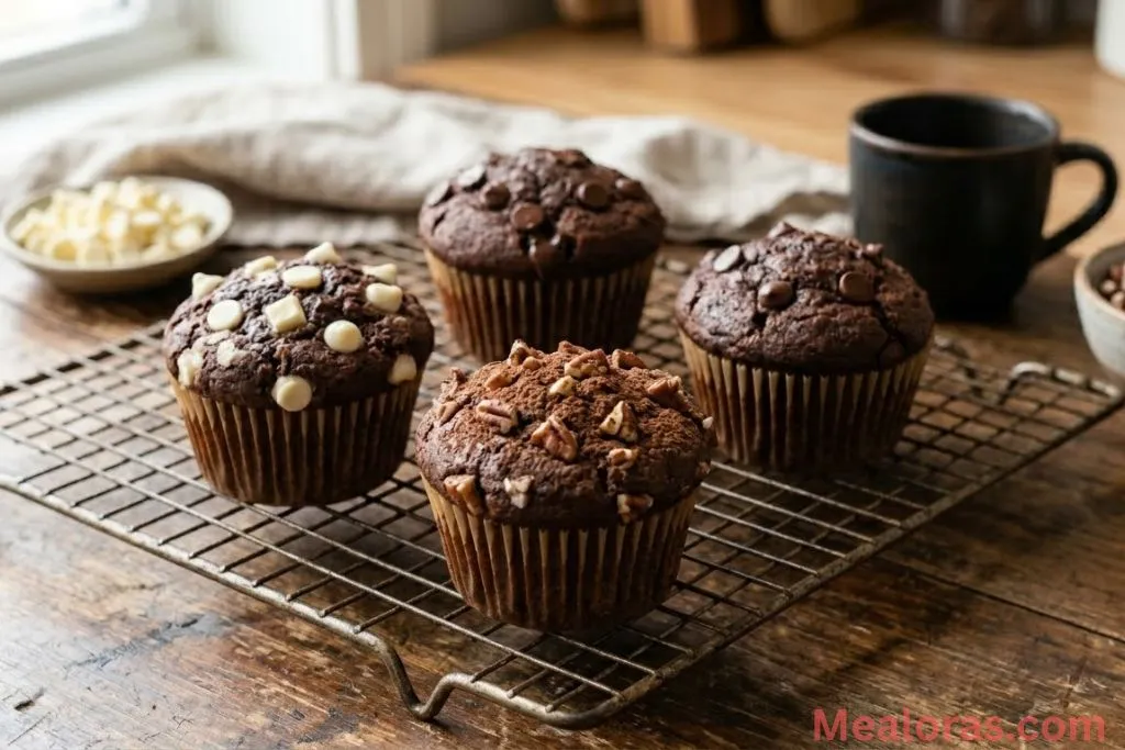 Chocolate muffins topped with walnuts and a pinch of sea salt