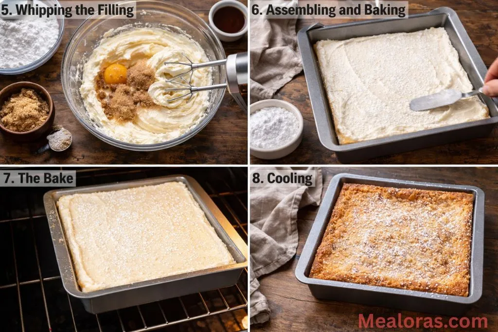 Steps showing whipped cream cheese filling poured over the cake base