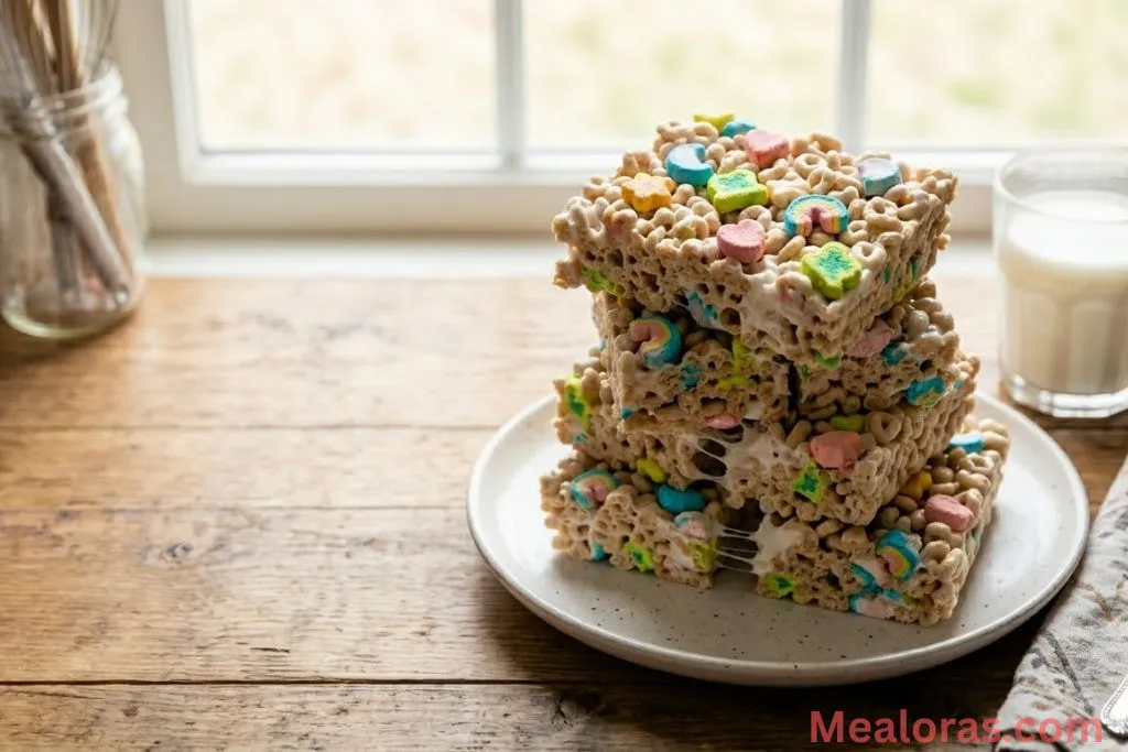 A platter of sliced Lucky Charms krispie treats ready to be served