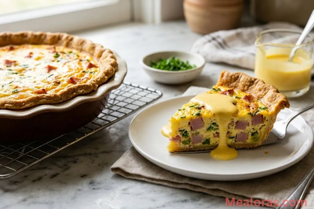 A plated slice of Eggs Benedict Quiche served with a side of fresh greens