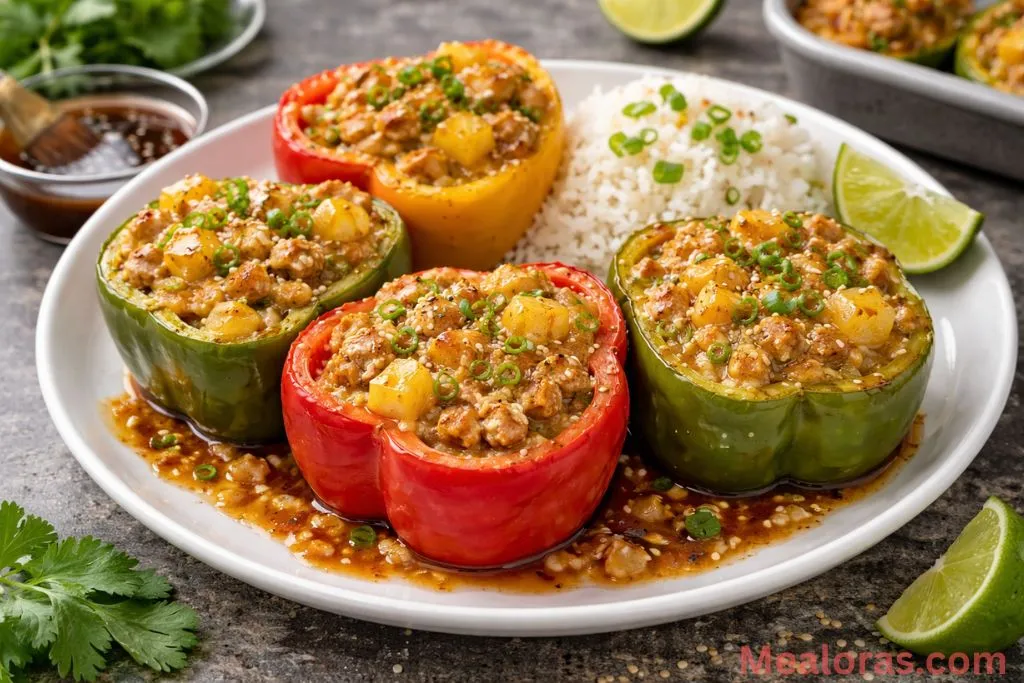 A single Teriyaki Pineapple Chicken Stuffed Pepper garnished with green onions