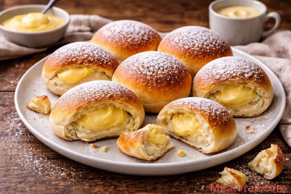 a soft custard bun with a creamy center visible from a bite