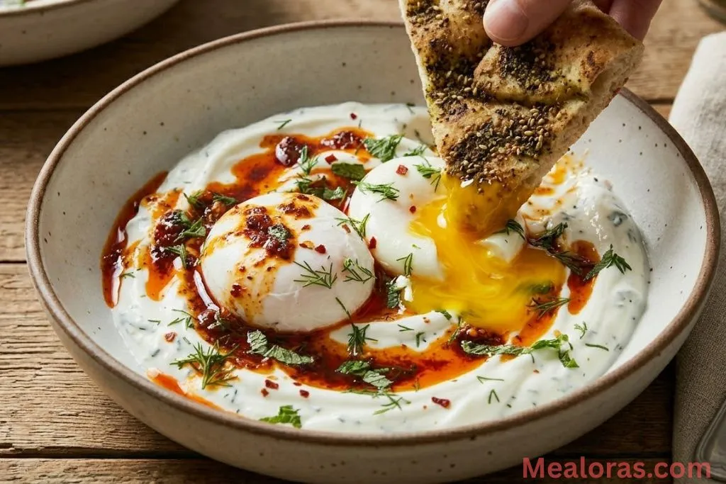 a piece of bread dipping into a poached egg yolk and yogurt