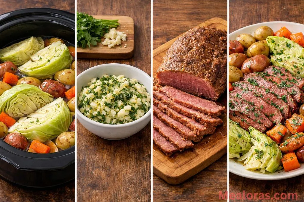Steps showing adding cabbage, mixing garlic herb butter, resting the meat, and slicing against the grain