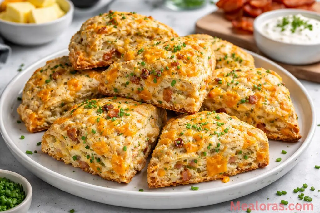 Golden brown bacon cheddar chive scones on a baking sheet