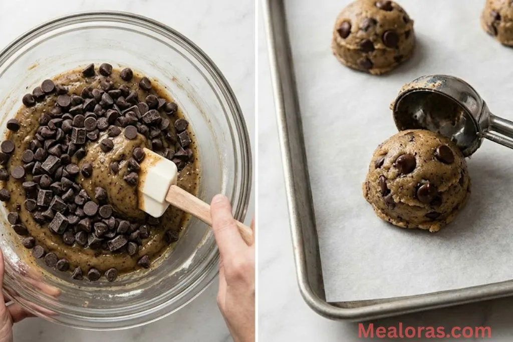 Folding in chocolate chips and baking cookies on a parchment tray