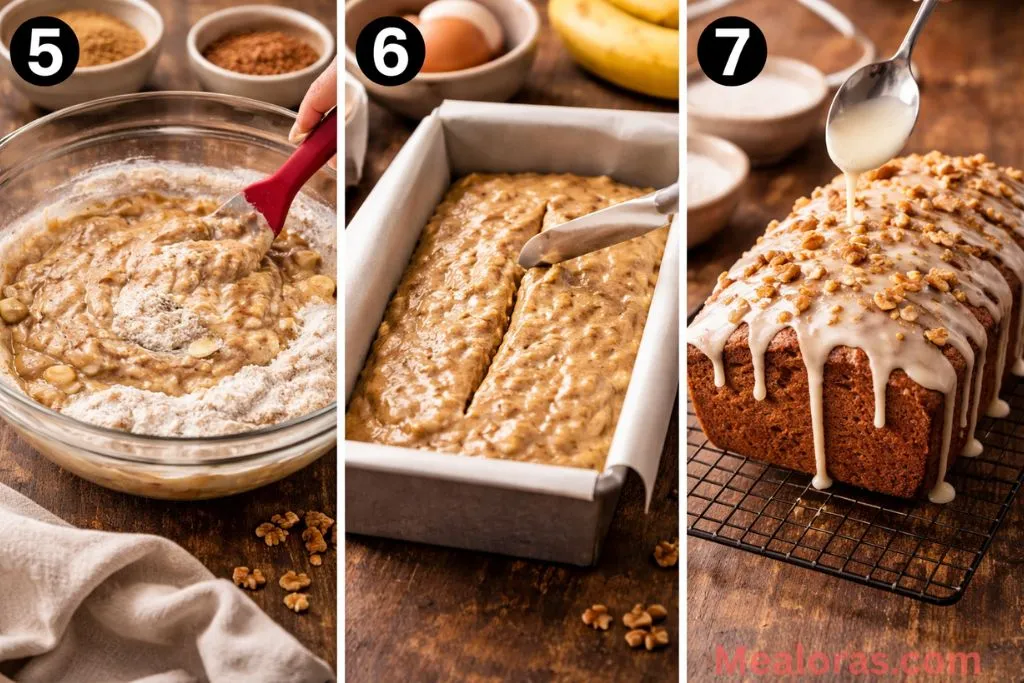 Folding dry ingredients into batter and pouring into a lined loaf pan