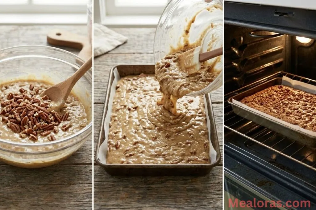 showing folding in pecans, spreading batter in a pan, and baking