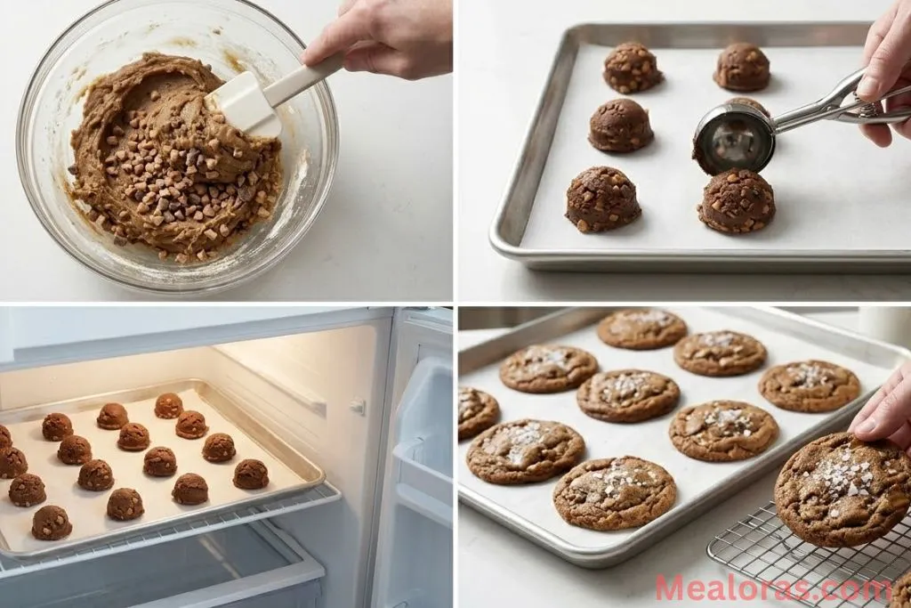 Steps showing folding in toffee, scooping dough, chilling, and baking