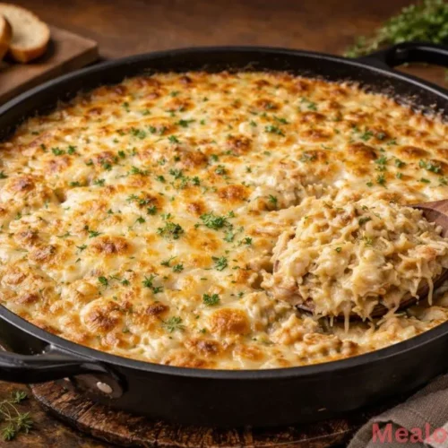 A skillet of French Onion Chicken Orzo Casserole with melted golden cheese and fresh thyme