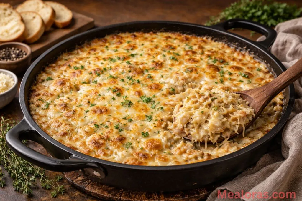 A skillet of French Onion Chicken Orzo Casserole with melted golden cheese and fresh thyme