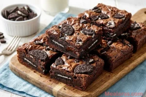 Top-down view of thick fudgy Oreo brownies with crushed cookies on top