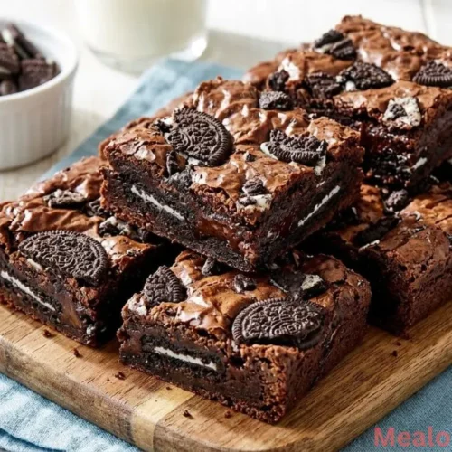 Top-down view of thick fudgy Oreo brownies with crushed cookies on top