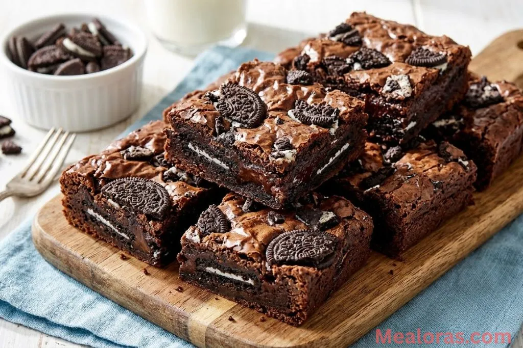 Top-down view of thick fudgy Oreo brownies with crushed cookies on top