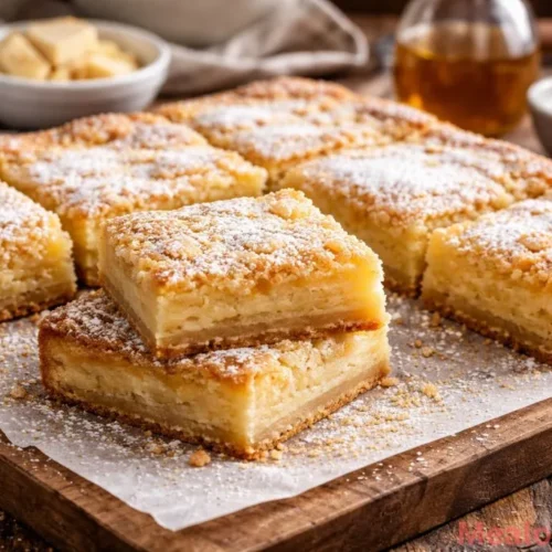 Sliced Gooey Brown Butter Cake with a powdered sugar dusting