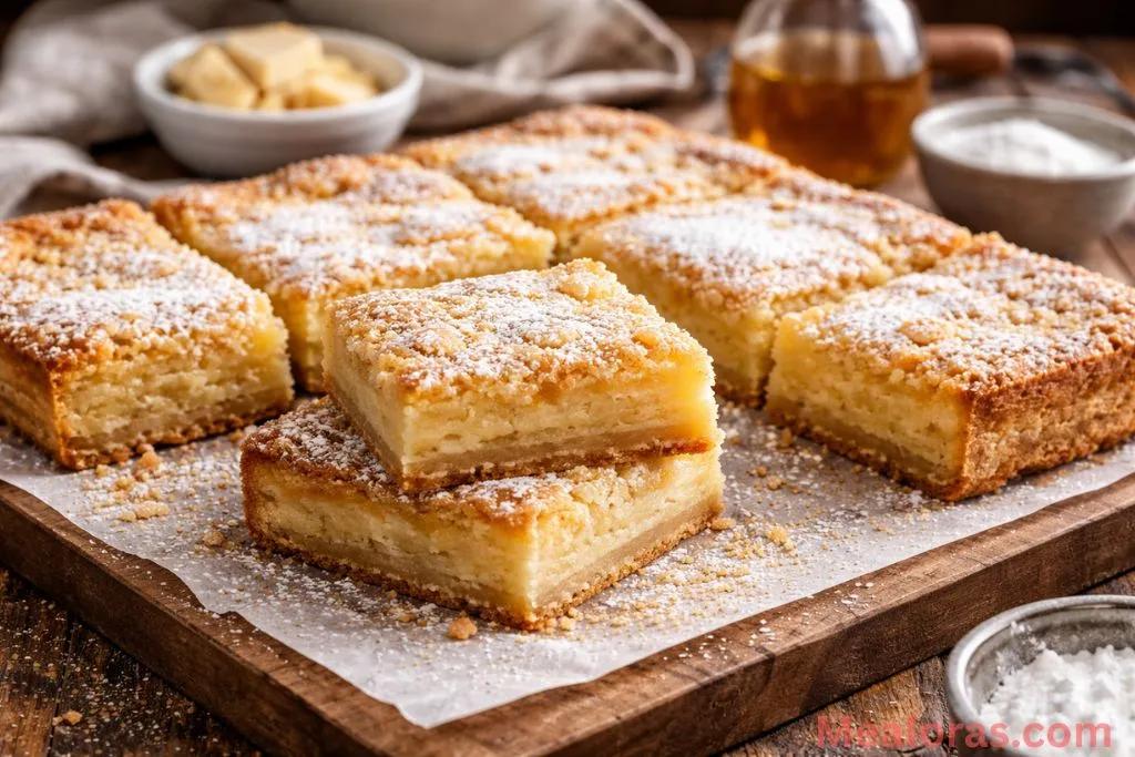 Sliced Gooey Brown Butter Cake with a powdered sugar dusting