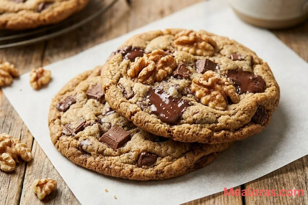 Chocolate chip cookies featuring added toasted walnuts and different chocolate textures