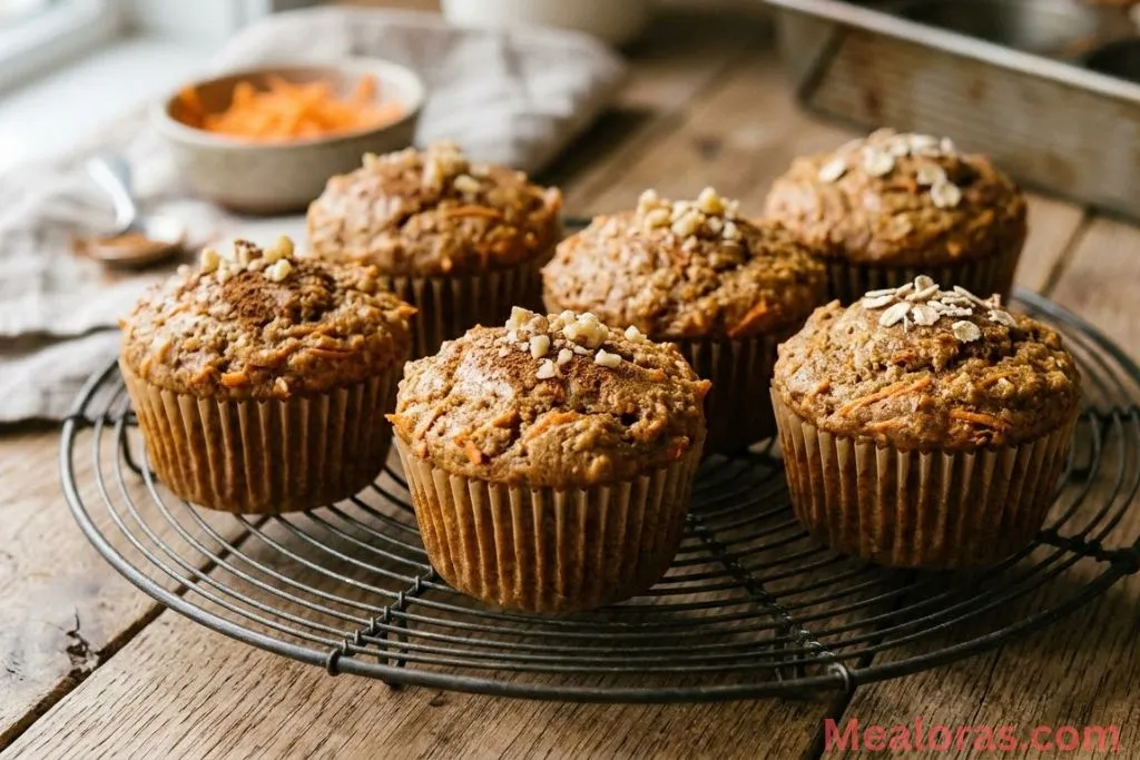 Freshly baked healthy carrot cake muffins on a wire cooling rack