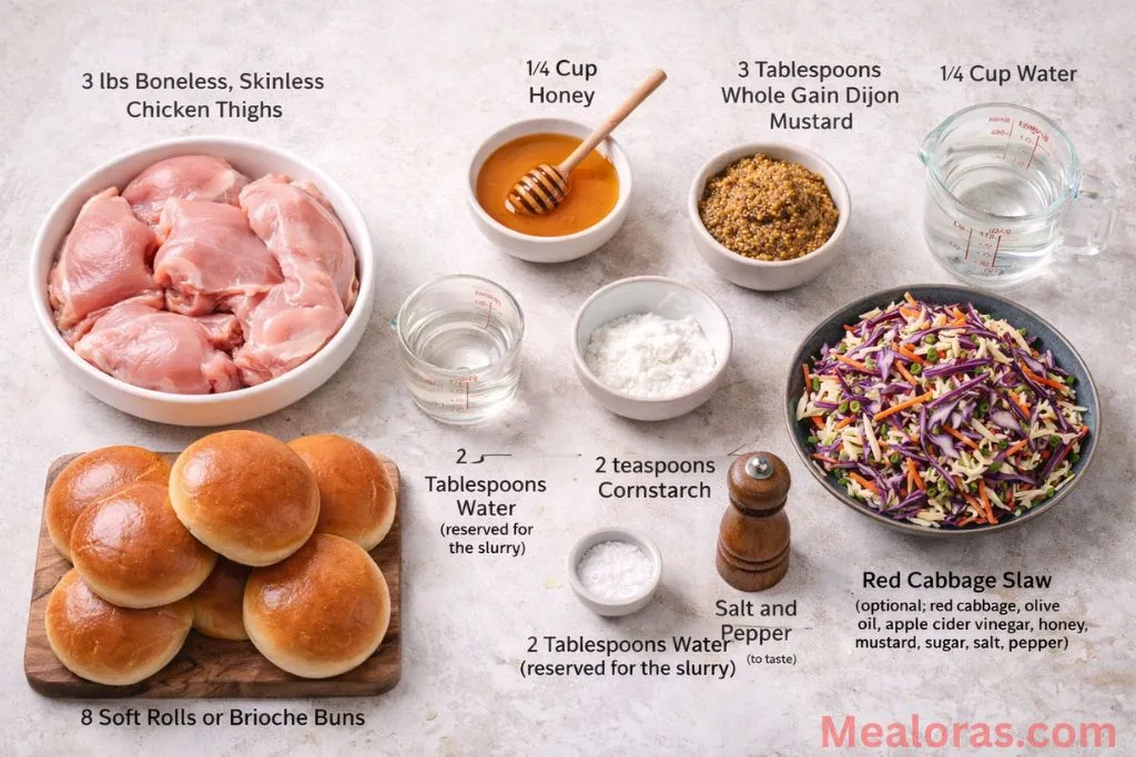 Raw chicken thighs, honey, Dijon mustard, and cornstarch arranged 