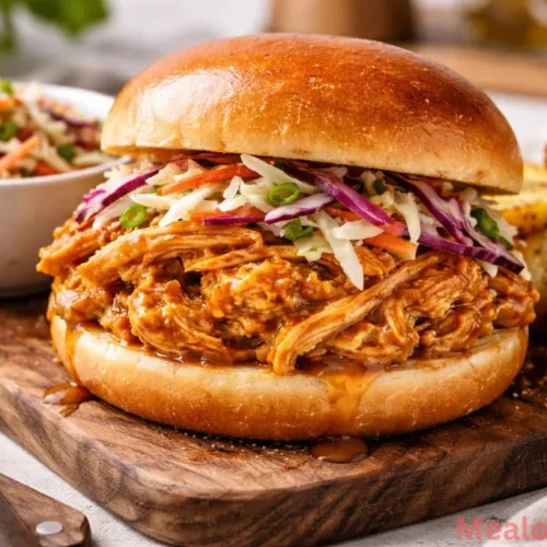 shredded honey mustard chicken sandwich with red cabbage slaw on a brioche bun